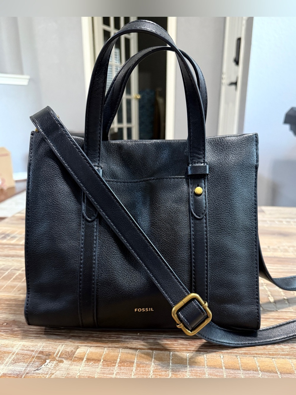 Fossil Kingston Black Pebble Leather Square Satchel Medium Hand Bag